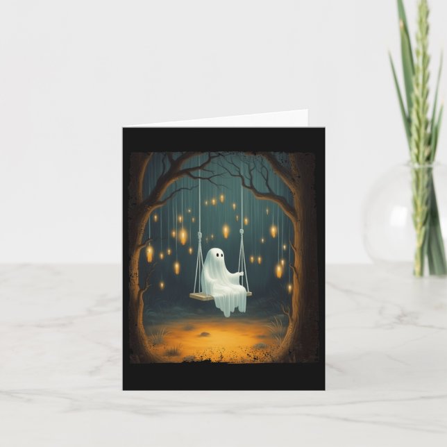 Cute Ghost On A Swing Fall Forest Funny Halloween  Card (Front)