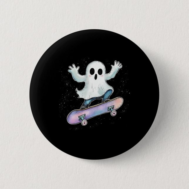 Cute Ghost On Skateboard Funny Halloween Skater  Button (Front)