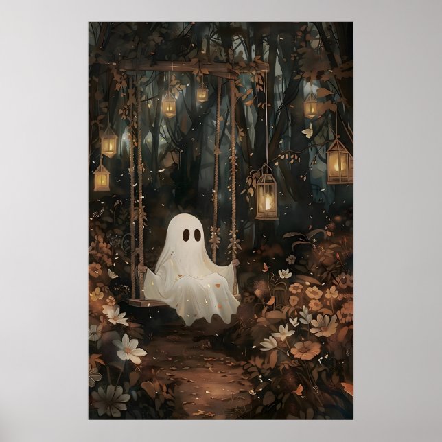Cute ghost on swing in autumn park print, fall poster (Front)