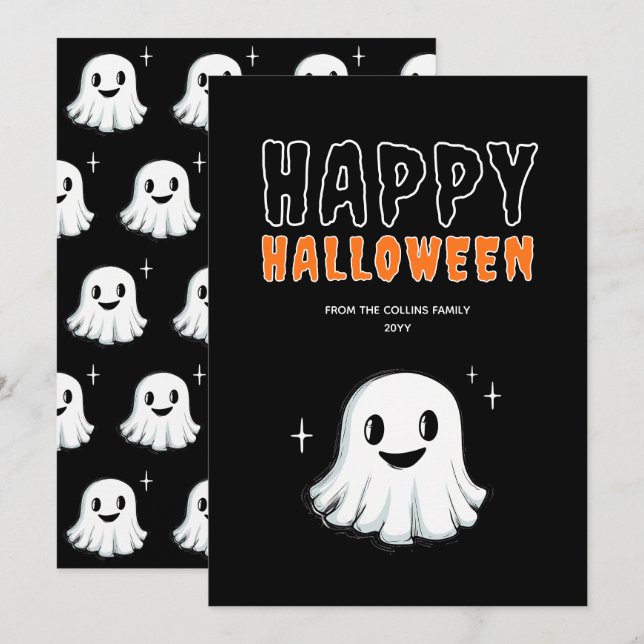 Cute Ghost Orange and Black Spooky Happy Halloween Holiday Card (Front/Back)