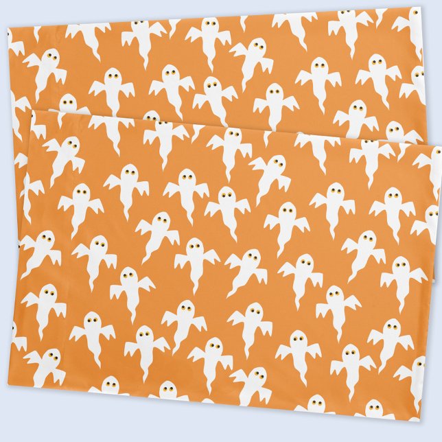 Cute Ghost Orange Halloween Pillow Case (Fun ghost pattern orange pillowcase)