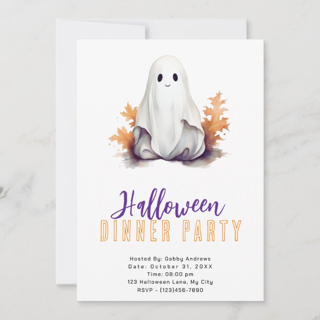 Cute Ghost Orange Leaves Halloween Dinner Party Invitation (Front)