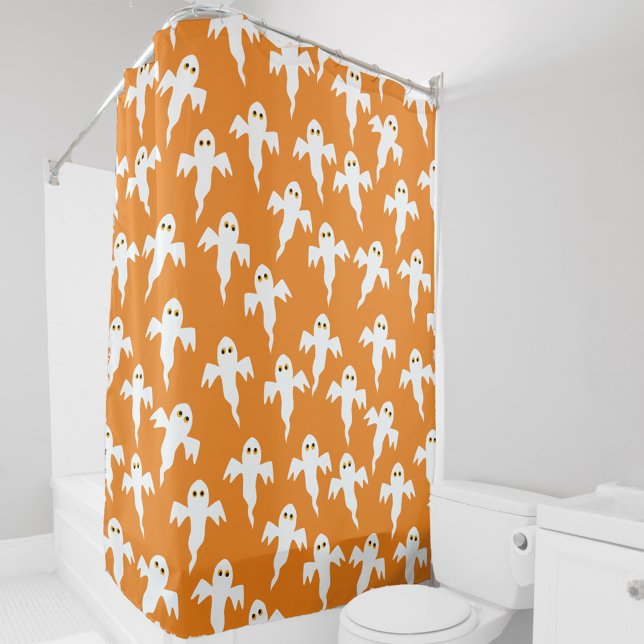 Cute Ghost Orange Shower Curtain (Fun orange and white ghost shower curtains for Halloween or for any other day!)