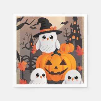 Cute Ghost Owls & Pumpkins Spooky Halloween Paper Napkins