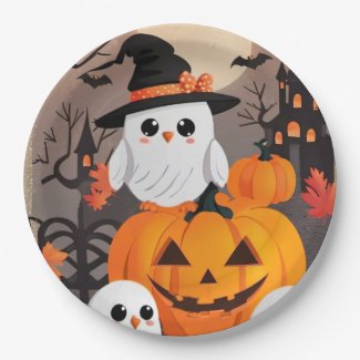 Cute Ghost Owls & Pumpkins Spooky Halloween Paper Plates