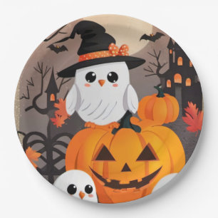 Cute Ghost Owls & Pumpkins Spooky Halloween Paper Plates