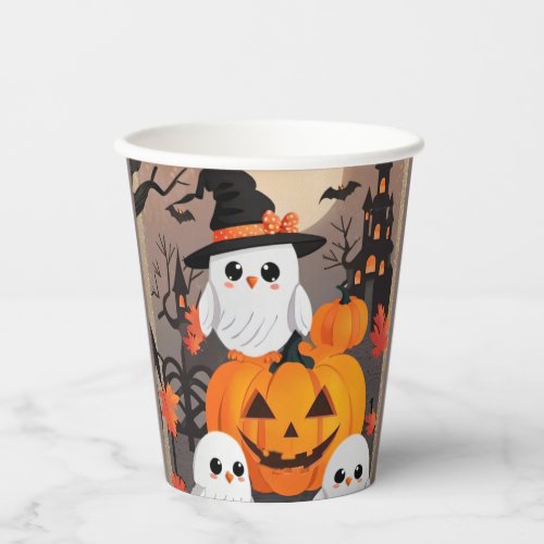 Cute Ghost Owls  Pumpkins Spooky Halloween Party Paper Cups