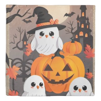 Cute Ghost Owls & Pumpkins Spooky Halloween Queen Duvet
