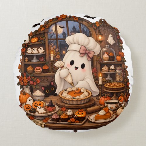 Cute Ghost Pastry Chef Halloween Haunted Bakery Round Pillow