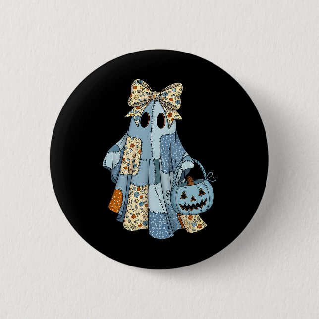 Cute Ghost Patchwork Coquette Bow Halloween Costum Button (Front)