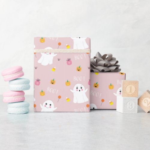 Cute Ghost Pattern Halloween Pink Baby Shower  Wrapping Paper