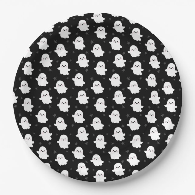 Cute Ghost Pattern – Halloween Seamless Design Paper Plates (Front)