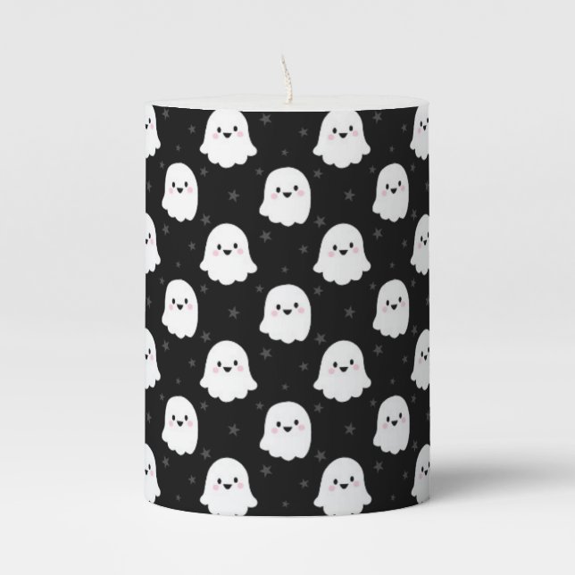 Cute Ghost Pattern – Halloween Seamless Design Pillar Candle (Front)
