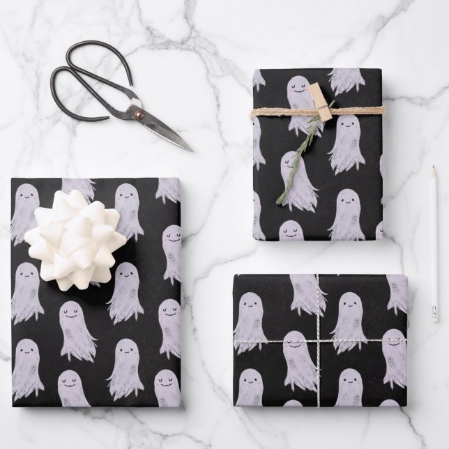 Cute Ghost Pattern Halloween Wrapping Paper Sheets (Front)