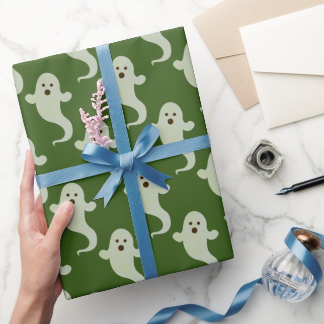 Cute Ghost Pattern on Dark Green Wrapping Paper (Gifting)