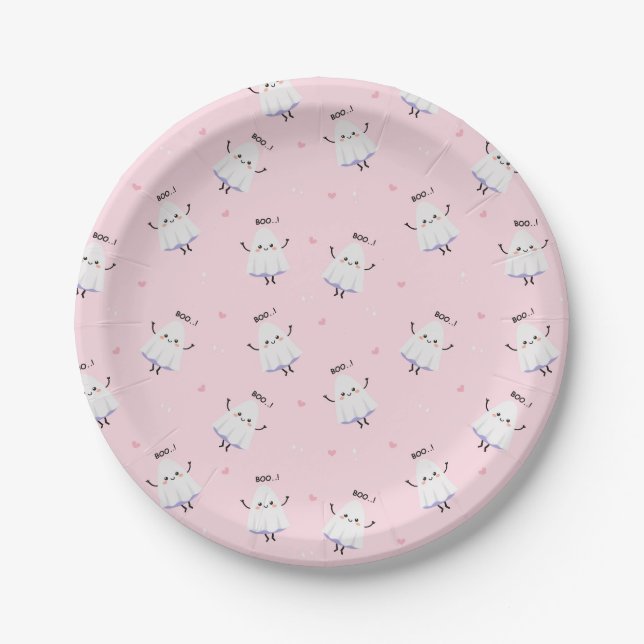 Cute Ghost Pattern on Pink Background Paper Plates (Front)