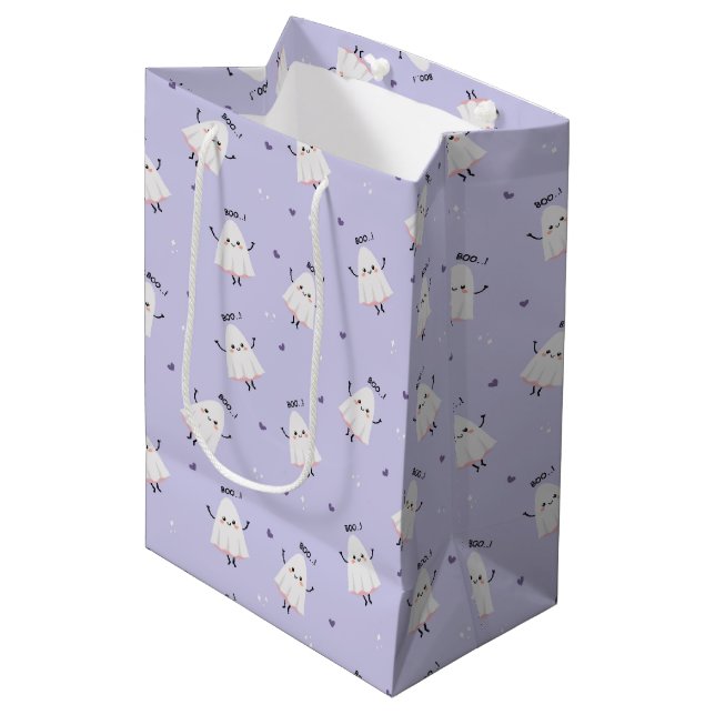 Cute Ghost Pattern with "Boo!" Text on Lavender Medium Gift Bag (Front Angled)