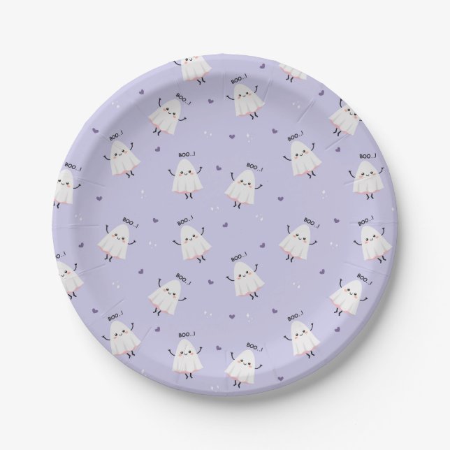 Cute Ghost Pattern with "Boo!" Text on Lavender Paper Plates (Front)