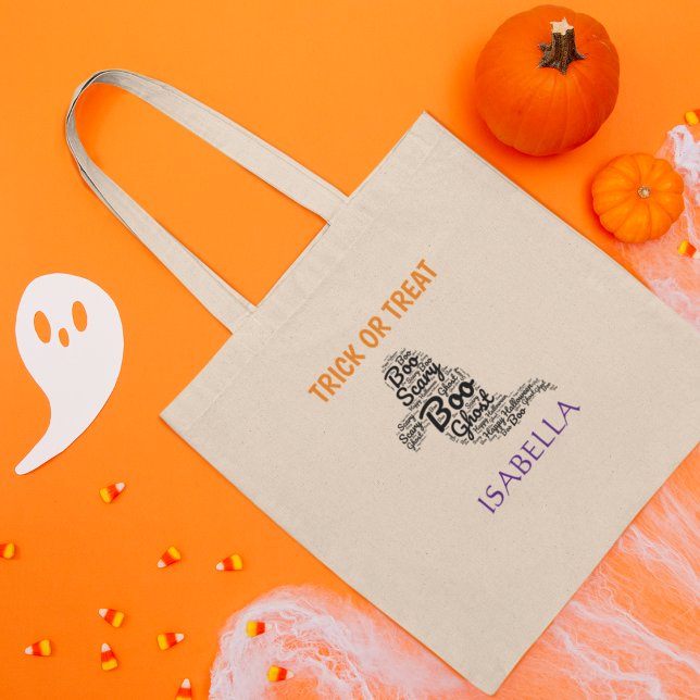 Cute Ghost Personalized Halloween Trick or Treat  Tote Bag (Boooo!
Editable Text and Name.
Happy Halloween!)