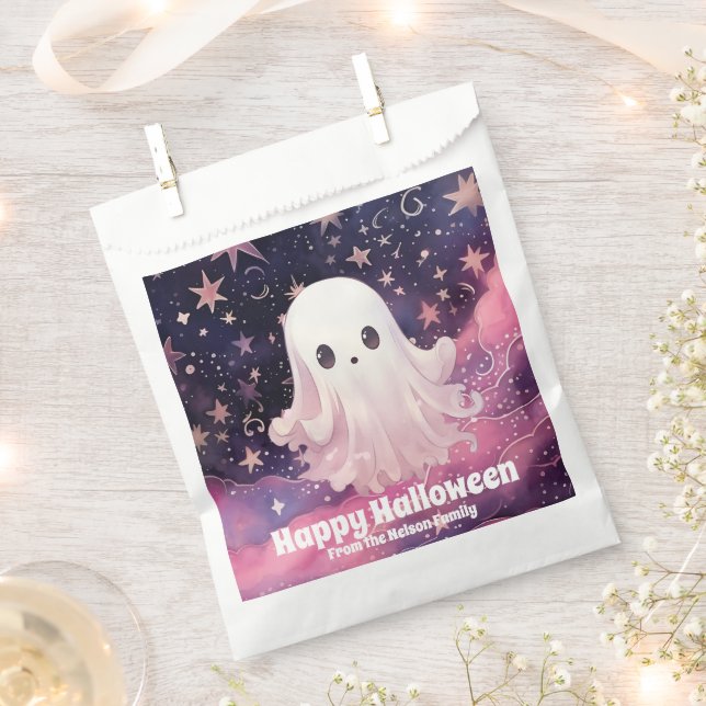 Cute Ghost Pink and Blue Sky Stars Happy Halloween Favor Bag (Clipped)