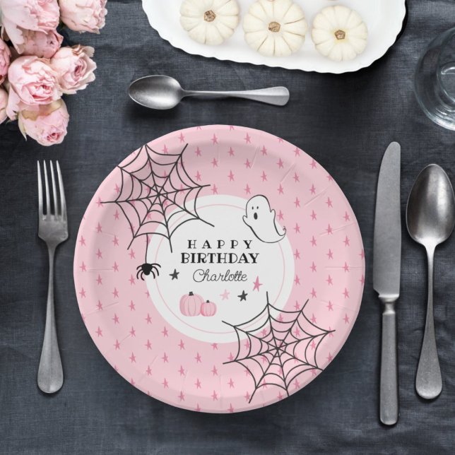Cute Ghost Pink Halloween Happy Birthday Name Cake Paper Plates (Creator Uploaded)