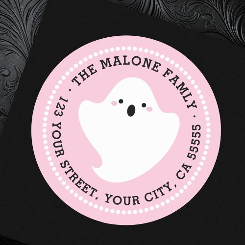 Cute ghost pink Halloween return address Classic Round Sticker