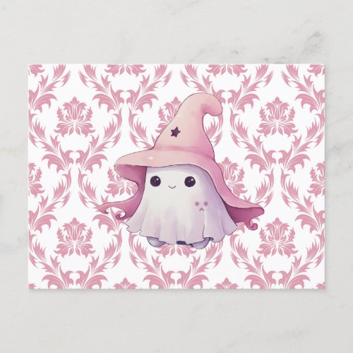 Cute Ghost Pink Witchs Hat Pink  White Halloween Holiday Postcard