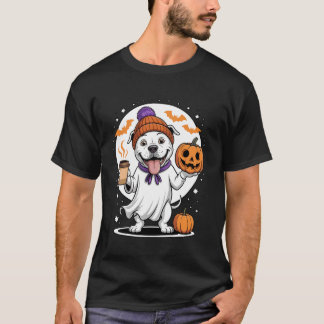 Cute Ghost Pitbull Dog Pumpkin Drinks Beanie Fall  T-Shirt