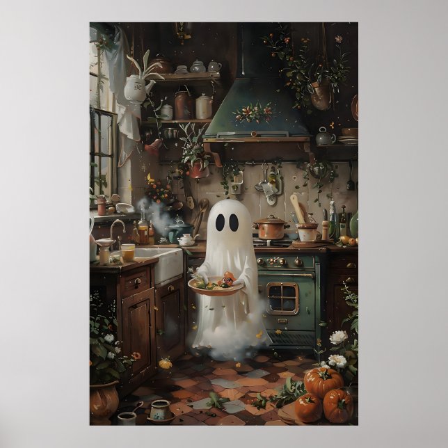Cute Ghost Preparing To Eat Print, Floral Kitchen Poster (Front)