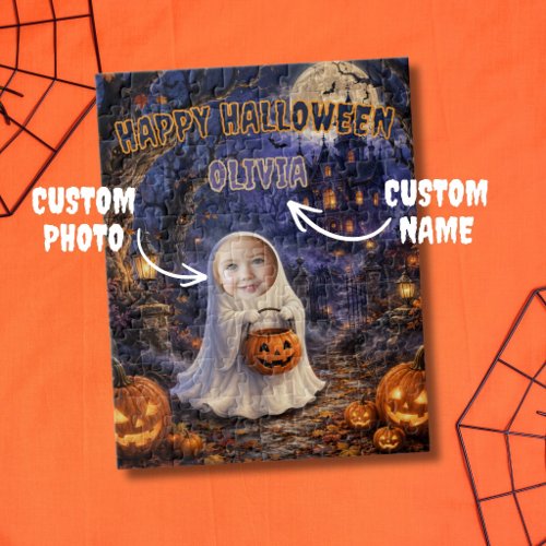 Cute Ghost Pumpkin Bag Photo Haunted Halloween Jigsaw Puzzle