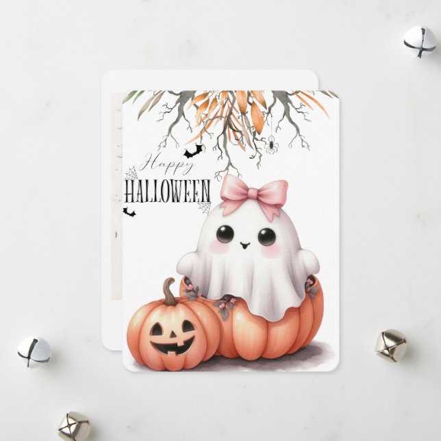 Cute Ghost Pumpkin Bat Halloween Holiday Card (Front/Back In Situ)