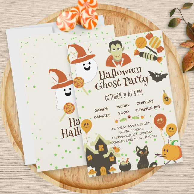 Cute Ghost Pumpkin Bat Kids Halloween Party Invitation (Creator Uploaded)