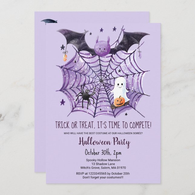 Cute Ghost Pumpkin Bat Spider Web Halloween party  Invitation (Front/Back)