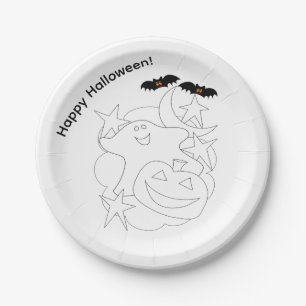 Cute Ghost Pumpkin Bats Color Me Halloween Paper Plates