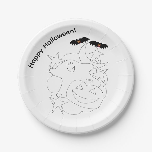 Cute Ghost Pumpkin Bats Color Me Halloween Paper Plates (Front)