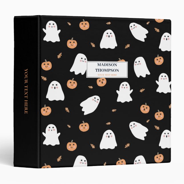 Cute Ghost & Pumpkin Black Halloween Pattern 3 Ring Binder (Front/Spine)