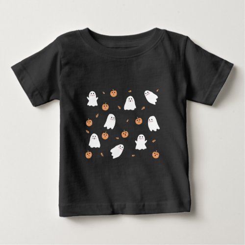 Cute Ghost  Pumpkin Black Halloween Pattern Baby T_Shirt