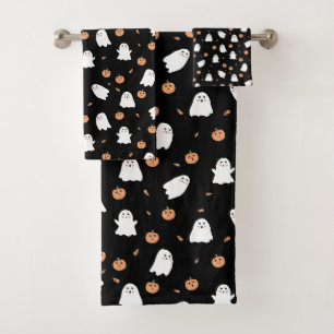 Cute Ghost & Pumpkin Black Halloween Pattern Bath Towel Set