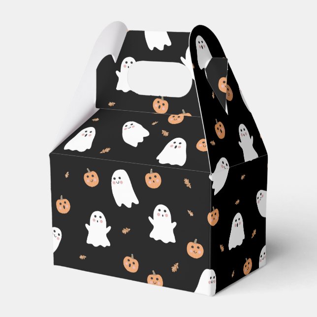 Cute Ghost & Pumpkin Black Halloween Pattern Favor Boxes (Front Side)