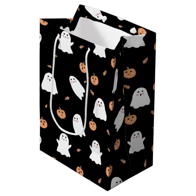 Cute Ghost & Pumpkin Black Halloween Pattern Medium Gift Bag (Front Angled)