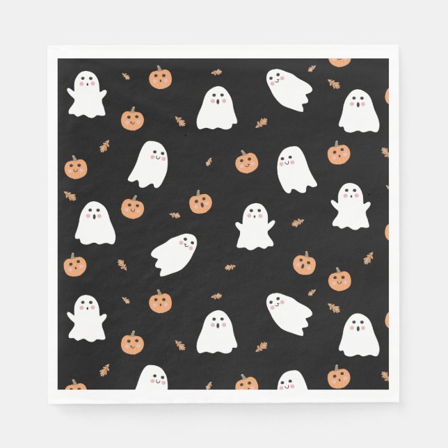 Cute Ghost & Pumpkin Black Halloween Pattern Napkins (Front)