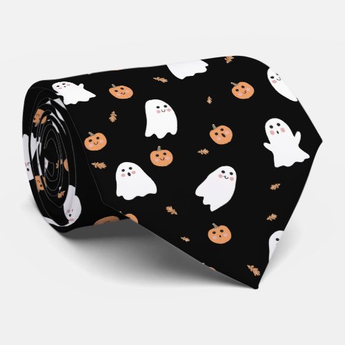 Cute Ghost  Pumpkin Black Halloween Pattern Neck Tie