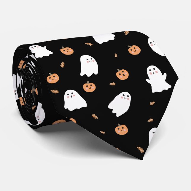 Cute Ghost & Pumpkin Black Halloween Pattern Neck Tie (Rolled)