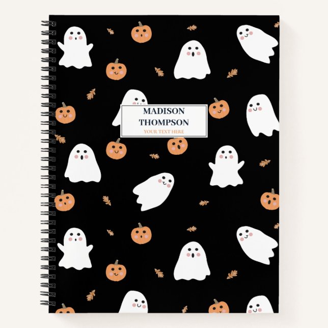 Cute Ghost & Pumpkin Black Halloween Pattern Notebook (Front)