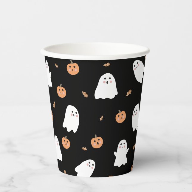 Cute Ghost & Pumpkin Black Halloween Pattern Paper Cups (Front)