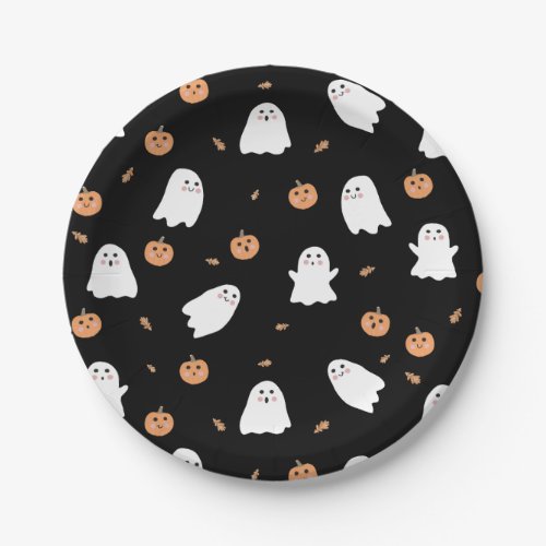 Cute Ghost  Pumpkin Black Halloween Pattern Paper Plates