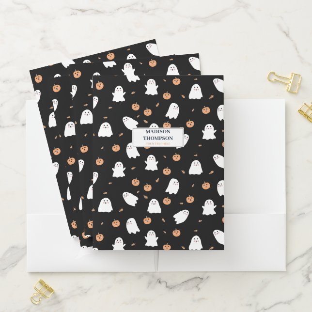 Cute Ghost & Pumpkin Black Halloween Pattern Pocket Folder (In Situ)