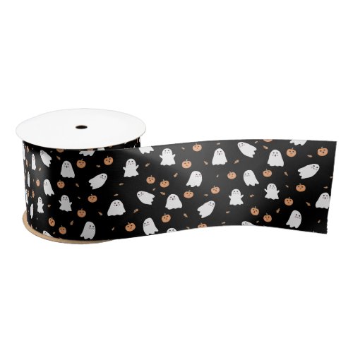 Cute Ghost  Pumpkin Black Halloween Pattern Satin Ribbon