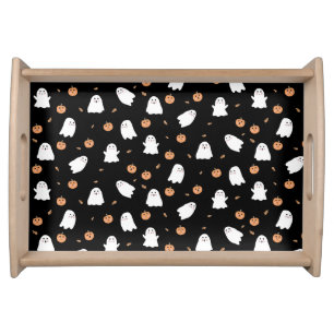 Cute Ghost & Pumpkin Black Halloween Pattern Serving Tray