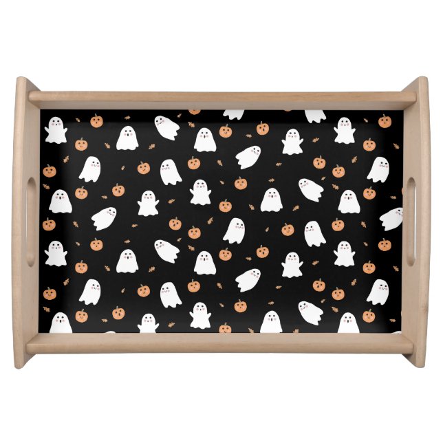 Cute Ghost & Pumpkin Black Halloween Pattern Serving Tray (Front)